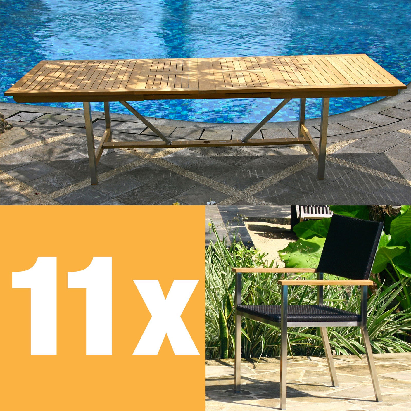 Ensemble de table extensible Florence 280 composé d'une table extensible double Moselle 280/235/190x100 en teck avec structure en acier inoxydable et de chaises empilables Florence en osier avec acier inoxydable et teck