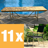 Ensemble de table extensible Florence 280 composé d'une table extensible double Moselle 280/235/190x100 en teck avec structure en acier inoxydable et de chaises empilables Florence en osier avec acier inoxydable et teck