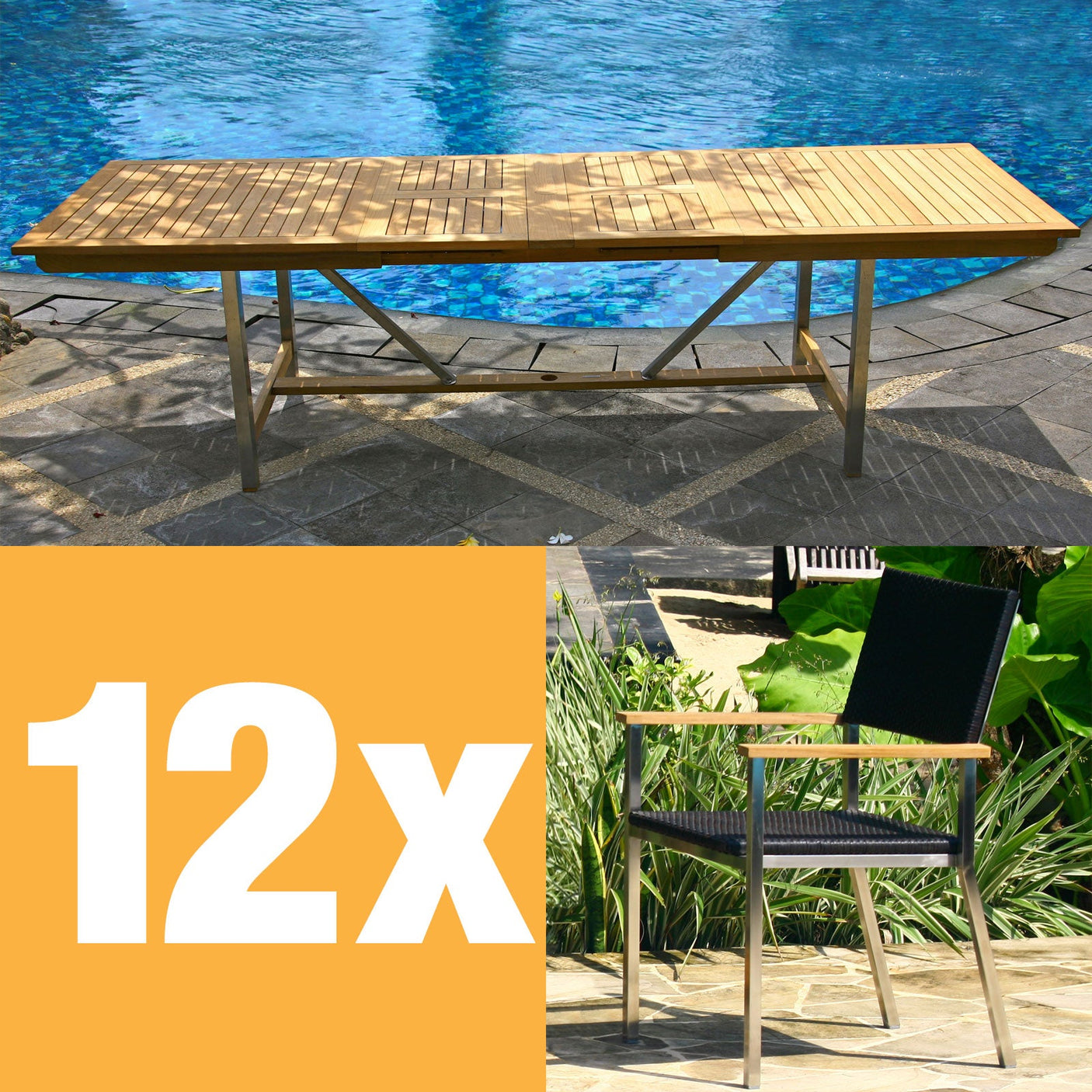 Ensemble de table extensible Florence 280 composé d'une table extensible double Moselle 280/235/190x100 en teck avec structure en acier inoxydable et de chaises empilables Florence en osier avec acier inoxydable et teck