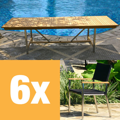 Ensemble de table extensible Florence 280 composé d'une table extensible double Moselle 280/235/190x100 en teck avec structure en acier inoxydable et de chaises empilables Florence en osier avec acier inoxydable et teck