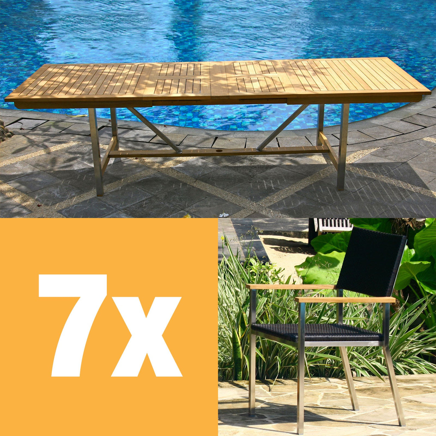 Ensemble de table extensible Florence 280 composé d'une table extensible double Moselle 280/235/190x100 en teck avec structure en acier inoxydable et de chaises empilables Florence en osier avec acier inoxydable et teck
