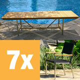 Ensemble de table extensible Florence 280 composé d'une table extensible double Moselle 280/235/190x100 en teck avec structure en acier inoxydable et de chaises empilables Florence en osier avec acier inoxydable et teck