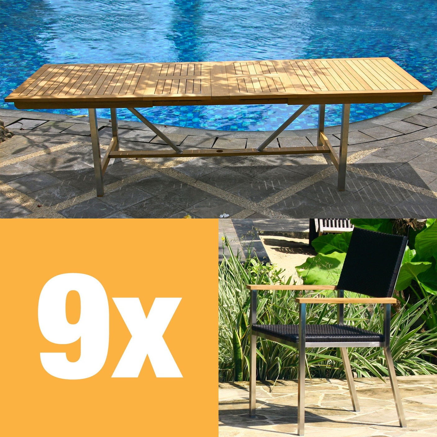 Ensemble de table extensible Florence 280 composé d'une table extensible double Moselle 280/235/190x100 en teck avec structure en acier inoxydable et de chaises empilables Florence en osier avec acier inoxydable et teck