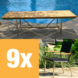 Ensemble de table extensible Florence 280 composé d'une table extensible double Moselle 280/235/190x100 en teck avec structure en acier inoxydable et de chaises empilables Florence en osier avec acier inoxydable et teck