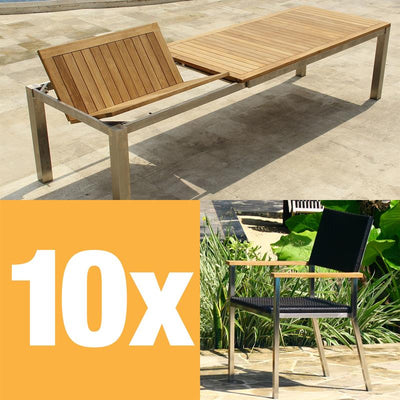 Ensemble de table à rallonge frontale Florence 310 composé d'une table à rallonge frontale Florence 310/210 x 100 avec structure en acier inoxydable et de chaises empilables Florence en osier avec acier inoxydable et teck