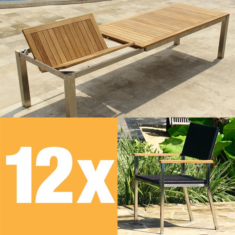 Florence Frontausziehtisch Set 310 bestehend aus Florence Frontausziehtisch 310/210 x 100 mit Edelstahlgestell und Florence Stapelstühlen Geflecht mit Edelstahl und Teak
