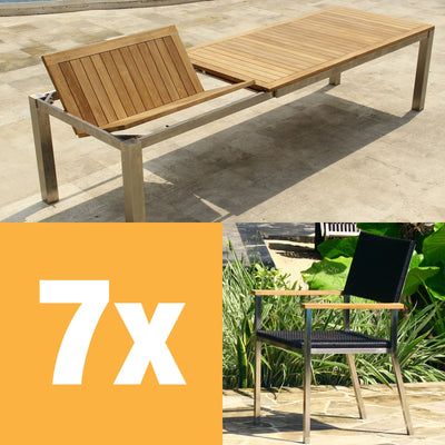 Ensemble de table à rallonge frontale Florence 310 composé d'une table à rallonge frontale Florence 310/210 x 100 avec structure en acier inoxydable et de chaises empilables Florence en osier avec acier inoxydable et teck