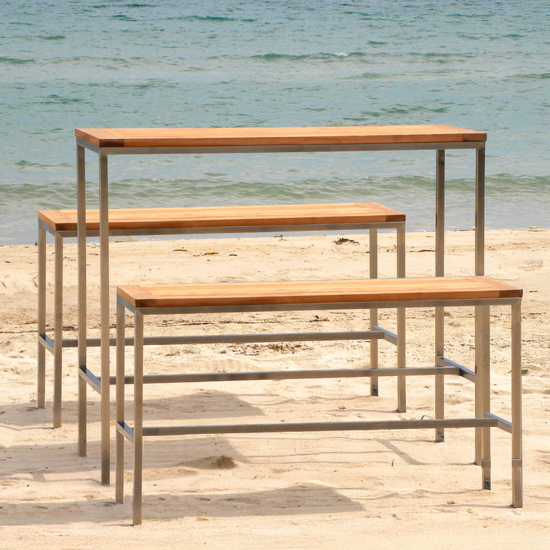 Ensemble de bar Florence 0-2 composé d'une table de bar Florence et de 2 bancs de bar Florence en teck et acier inoxydable