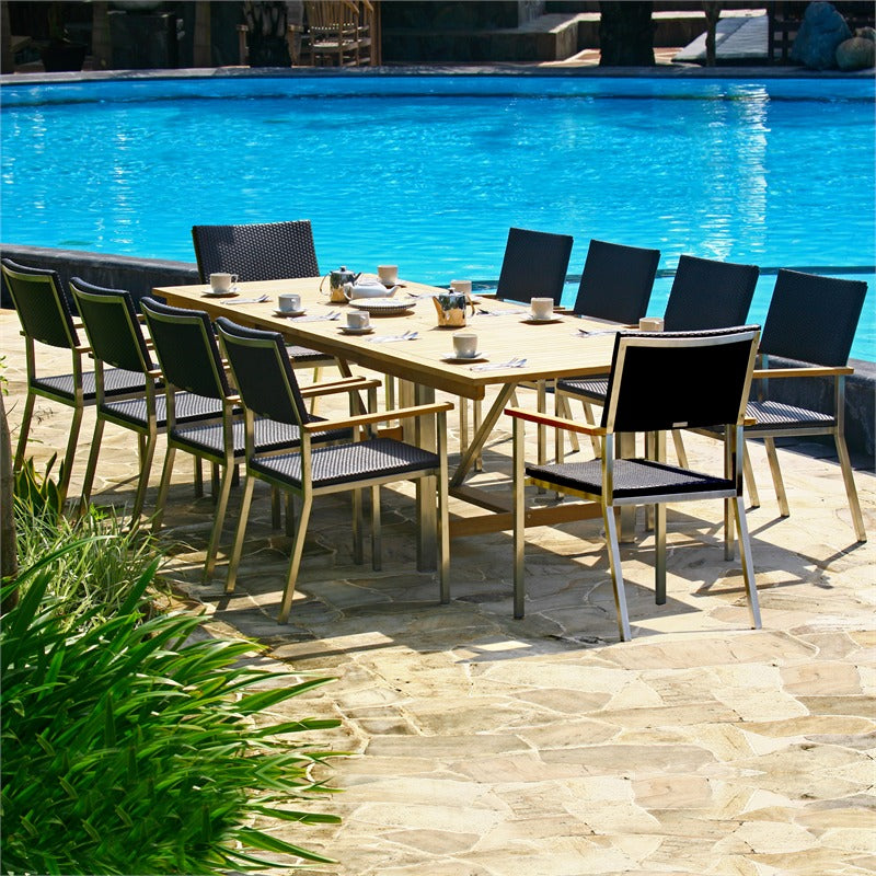 Ensemble de table extensible Florence 280 composé d'une table extensible double Moselle 280/235/190x100 en teck avec structure en acier inoxydable et de chaises empilables Florence en osier avec acier inoxydable et teck