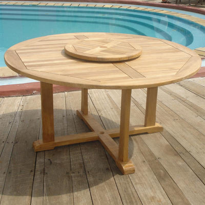 Plateau tournant en teck rond 60 cm avec ferrures en laiton