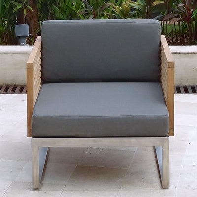 Ensemble de salon Tessin composé de : 1 module latéral droit, 1 module d'angle, 1 module central, 1 module latéral gauche, 1 canapé monoplace Tessin, tous avec revêtement Sunproof et 1 pouf sans revêtement