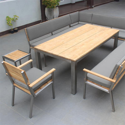 Makan garden bench with backrest 122 teak brushed with stainless steel frame 122x63x90 cm