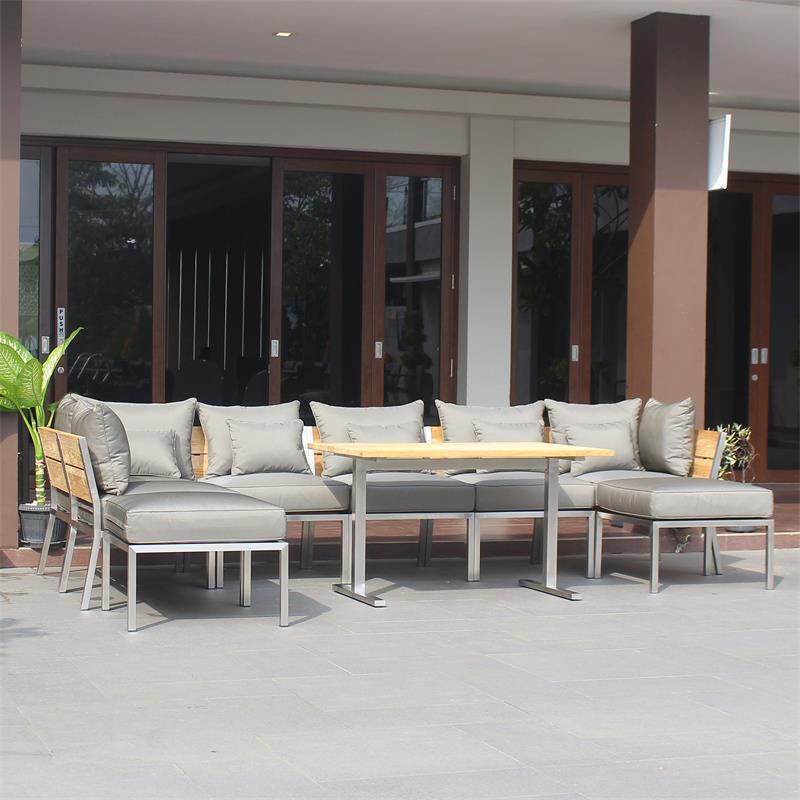Makan Dining Lounge Set bestehend aus: 1 x Planka Dining Lounge Tisch 120 x 80 cm, 3 x Makan Lounge Eckmodul, 2 x Makan Lounge Mittelmodul inkl. Sitzpolster und Rückenkissen in Sunproof