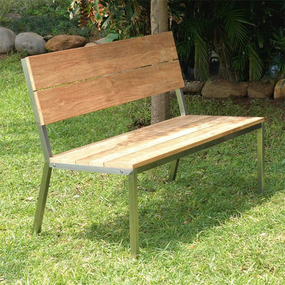 Makan garden bench with backrest 122 teak brushed with stainless steel frame 122x63x90 cm