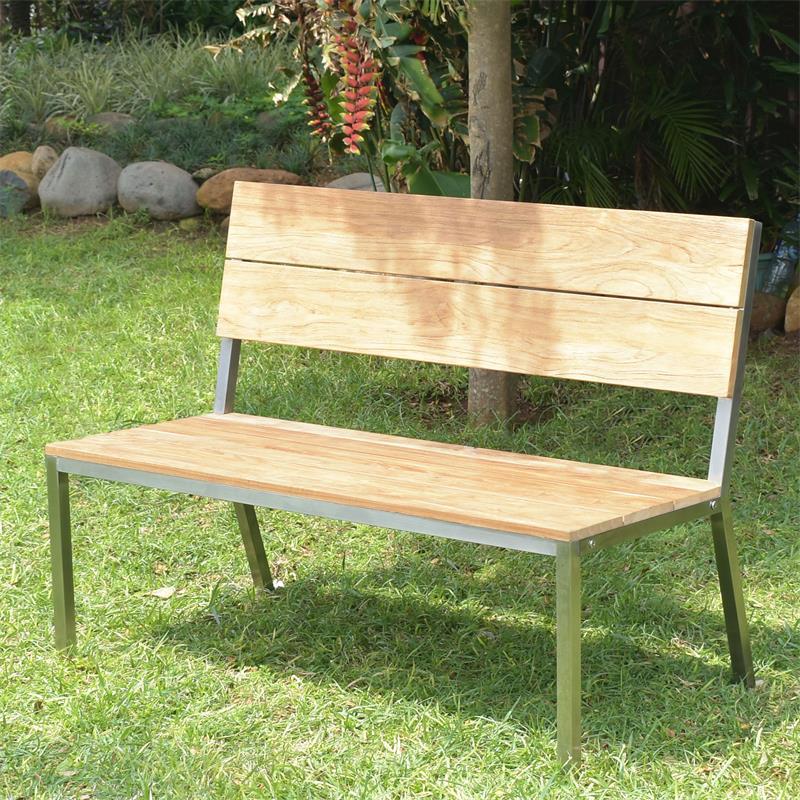 Makan garden bench with backrest 122 teak brushed with stainless steel frame 122x63x90 cm