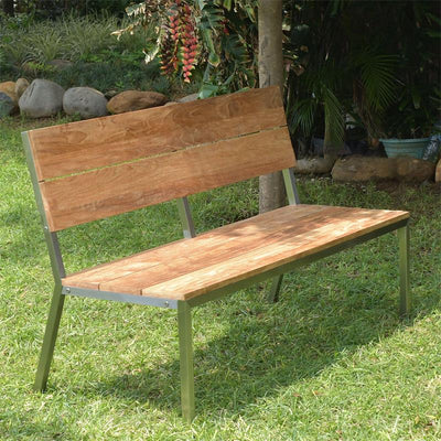 Makan garden bench with backrest 142 teak brushed with stainless steel frame 142x63x90 cm