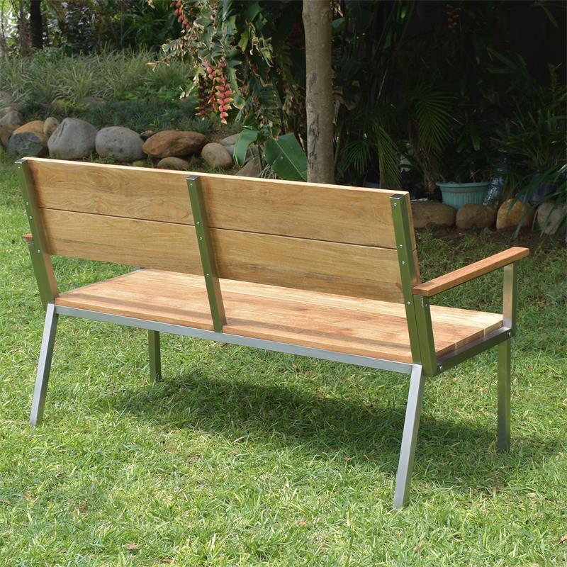 Banc de jardin Makan avec dossier et accoudoirs 152 teck brossé avec structure en acier inoxydable 152x63x90 cm