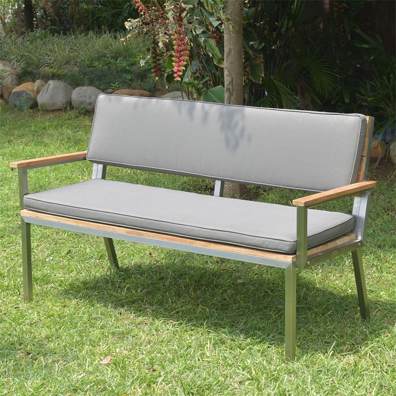 Banc de jardin Makan avec dossier et accoudoirs 152 teck brossé avec structure en acier inoxydable 152x63x90 cm