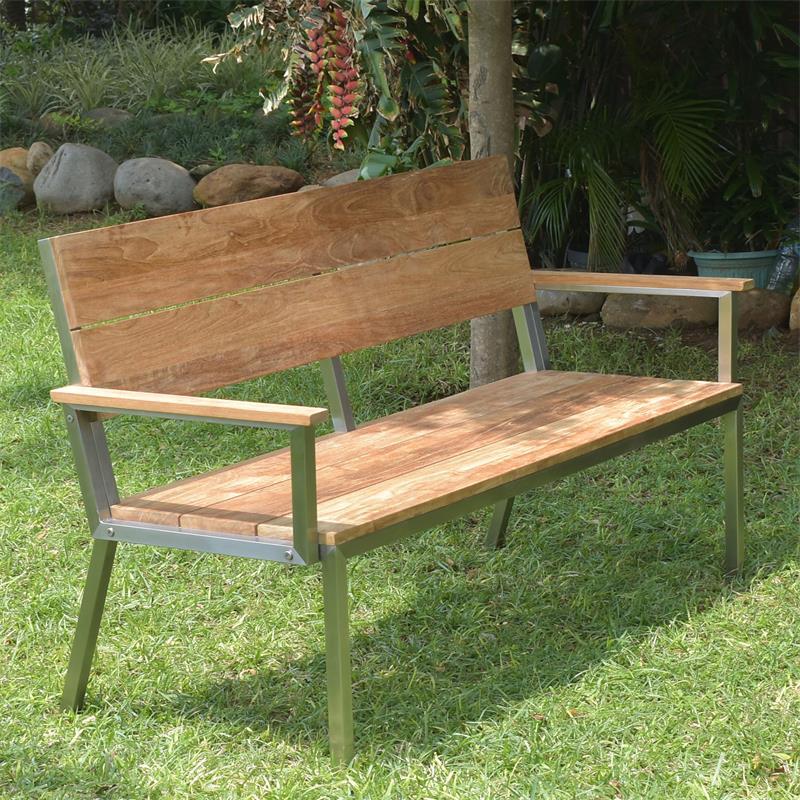 Banc de jardin Makan avec dossier et accoudoirs 152 teck brossé avec structure en acier inoxydable 152x63x90 cm
