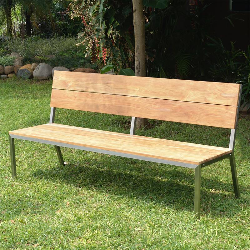 Makan garden bench with backrest 182 teak brushed with stainless steel frame 182x63x90 cm