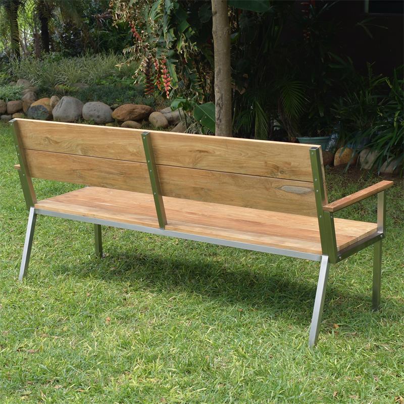 Banc de jardin Makan avec dossier et accoudoirs 192 teck brossé avec structure en acier inoxydable 192x63x90 cm