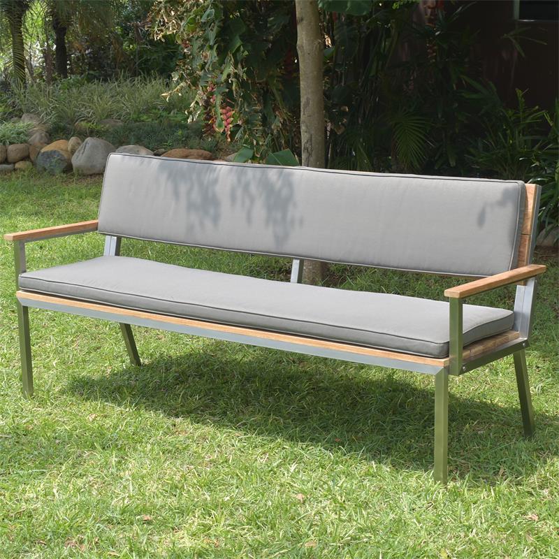 Banc de jardin Makan avec dossier et accoudoirs 192 teck brossé avec structure en acier inoxydable 192x63x90 cm