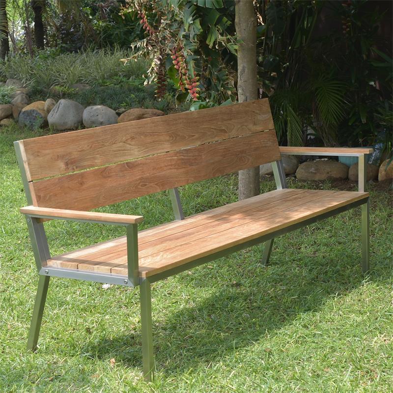 Banc de jardin Makan avec dossier et accoudoirs 192 teck brossé avec structure en acier inoxydable 192x63x90 cm