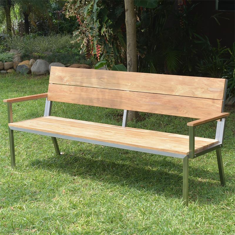 Banc de jardin Makan avec dossier et accoudoirs 192 teck brossé avec structure en acier inoxydable 192x63x90 cm