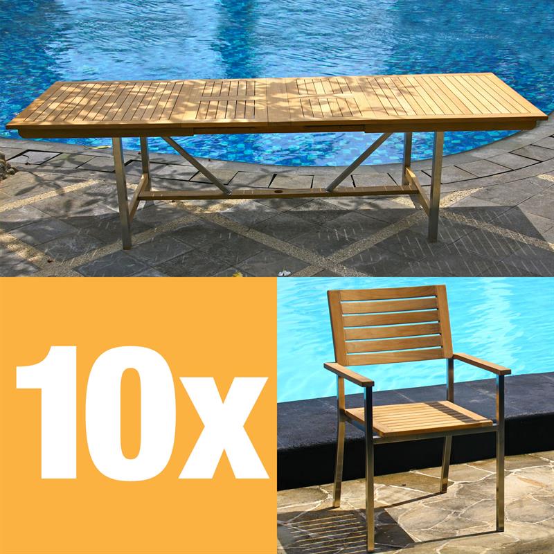 Moselle Ausziehtisch-Set 280 bestehend aus Moselle Doppelausziehtisch 280/235/190x100 und Moselle Stapelstühlen aus Teak mit Edelstahl