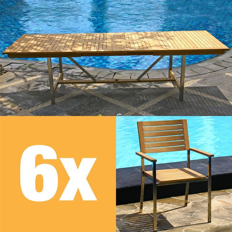 Moselle Ausziehtisch-Set 280 bestehend aus Moselle Doppelausziehtisch 280/235/190x100 und Moselle Stapelstühlen aus Teak mit Edelstahl