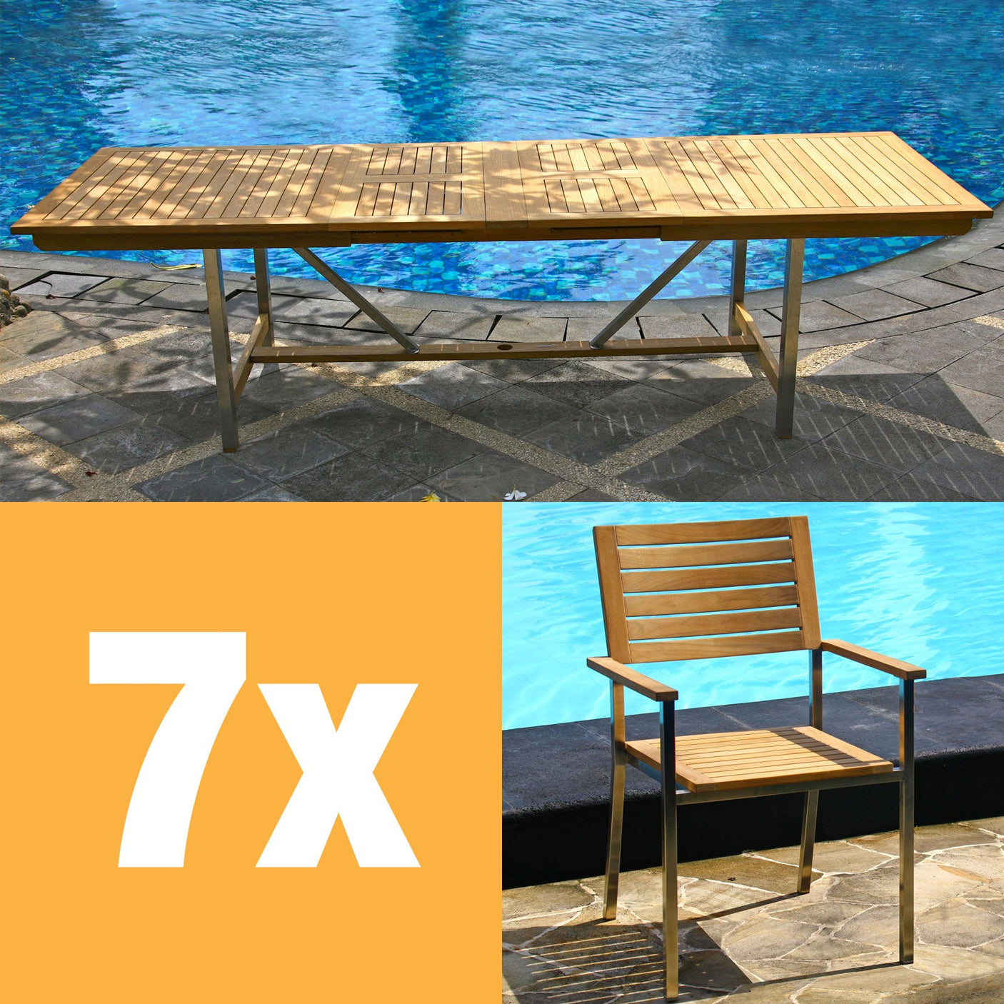 Moselle Ausziehtisch-Set 280 bestehend aus Moselle Doppelausziehtisch 280/235/190x100 und Moselle Stapelstühlen aus Teak mit Edelstahl
