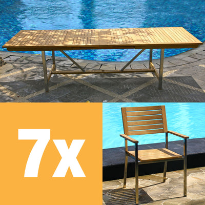 Ensemble de table extensible Moselle 280 composé d'une table extensible double Moselle 280/235/190x100 et de chaises empilables Moselle en teck avec acier inoxydable