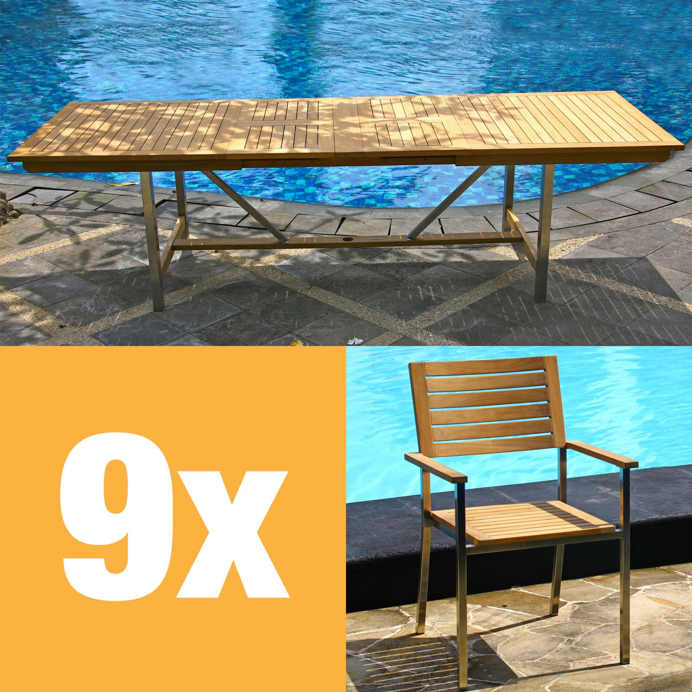 Moselle Ausziehtisch-Set 280 bestehend aus Moselle Doppelausziehtisch 280/235/190x100 und Moselle Stapelstühlen aus Teak mit Edelstahl