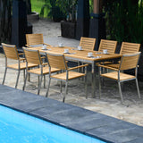 Ensemble Moselle 210 composé d'une table à manger Florence 210 x 90 en teck avec structure en acier inoxydable et de chaises empilables Moselle en teck avec acier inoxydable