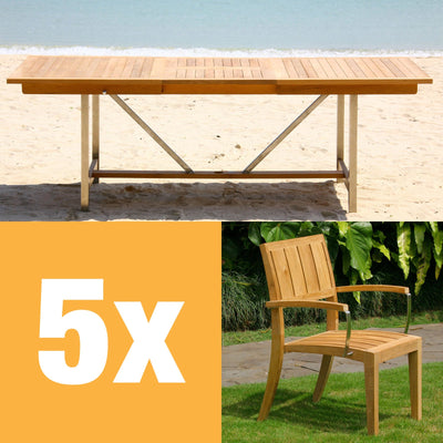 Nivelle extendable table set 220 consisting of Moselle extendable table 220/160 x 100 and Nivelle stackable chairs with armrests teak with stainless steel