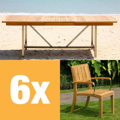 Nivelle extendable table set 220 consisting of Moselle extendable table 220/160 x 100 and Nivelle stackable chairs with armrests teak with stainless steel