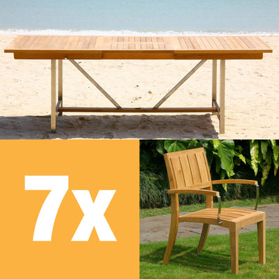 Nivelle extendable table set 220 consisting of Moselle extendable table 220/160 x 100 and Nivelle stackable chairs with armrests teak with stainless steel