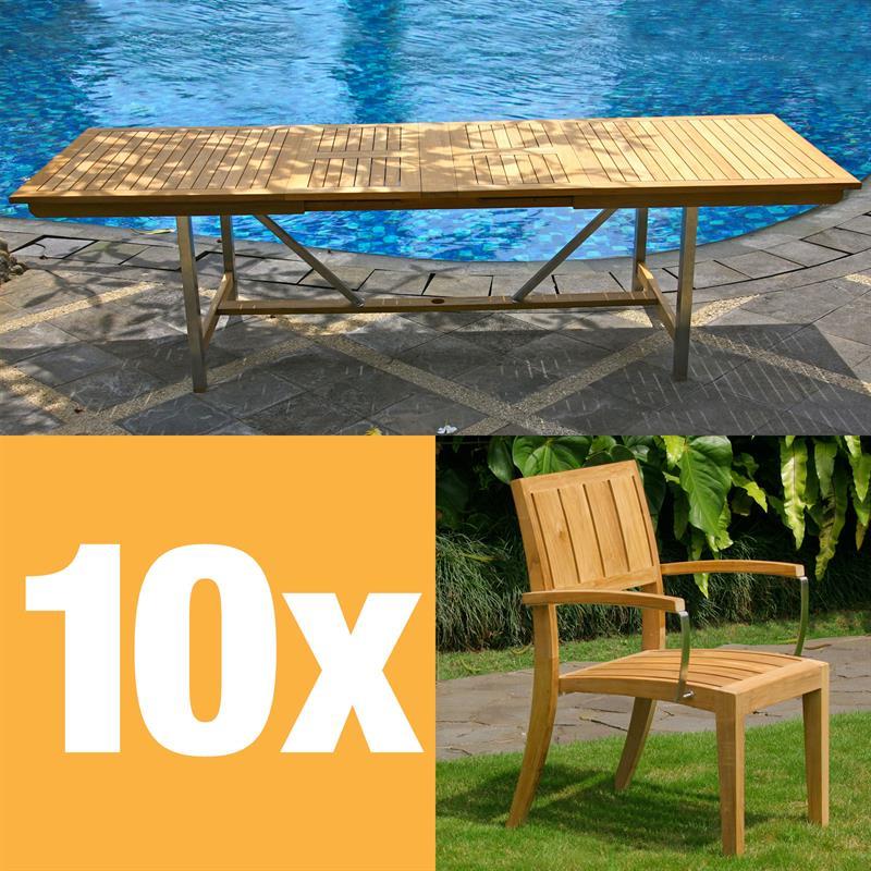 Ensemble de table extensible Nivelle 280 composé d'une table extensible double Moselle 280/235/190x100 en teck avec structure en acier inoxydable et de chaises empilables Nivelle avec accoudoirs en teck avec acier inoxydable