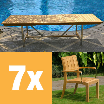 Nivelle extendable table set 280 consisting of Moselle double extendable table 280/235/190x100 teak with stainless steel frame and Nivelle stackable chairs with armrests teak with stainless steel
