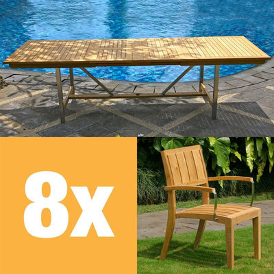 Nivelle extendable table set 280 consisting of Moselle double extendable table 280/235/190x100 teak with stainless steel frame and Nivelle stackable chairs with armrests teak with stainless steel