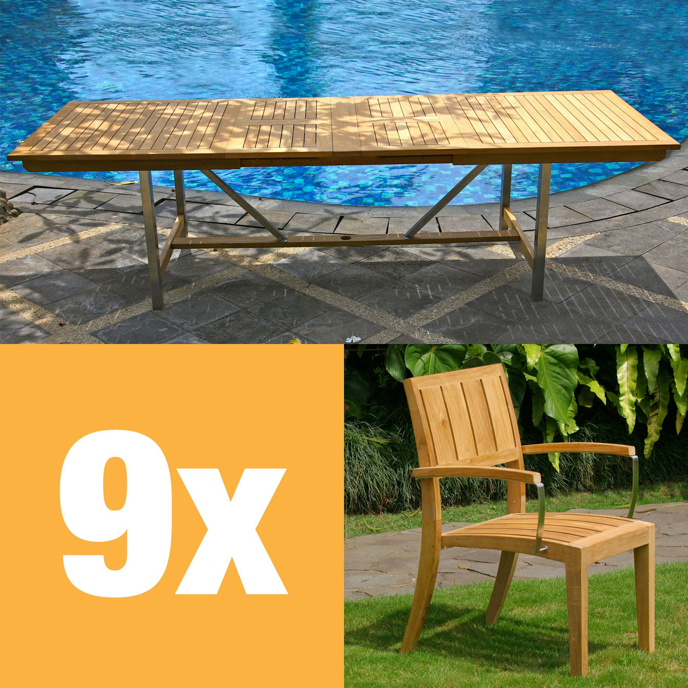 Ensemble de table extensible Nivelle 280 composé d'une table extensible double Moselle 280/235/190x100 en teck avec structure en acier inoxydable et de chaises empilables Nivelle avec accoudoirs en teck avec acier inoxydable