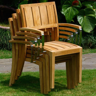 Nivelle extendable table set 220 consisting of Moselle extendable table 220/160 x 100 and Nivelle stackable chairs with armrests teak with stainless steel