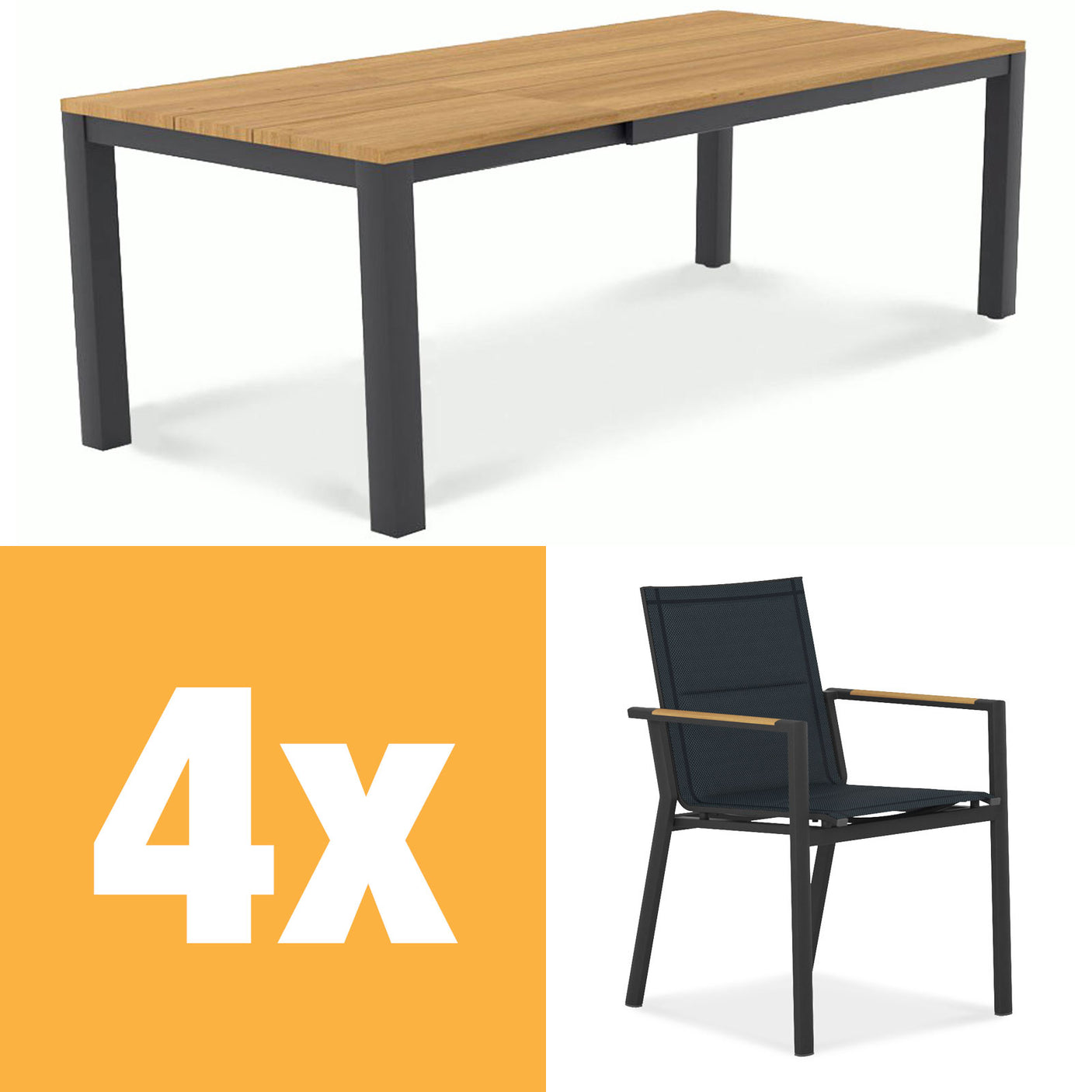Planka aluminum front extending table set 250 consisting of Planka aluminum front extending table 250/180 x 90 Teak Grade A brushed with aluminum frame and Gazelig stacking chairs made of aluminum and Batyline