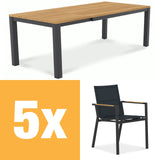 Planka aluminum front extending table set 250 consisting of Planka aluminum front extending table 250/180 x 90 Teak Grade A brushed with aluminum frame and Gazelig stacking chairs made of aluminum and Batyline