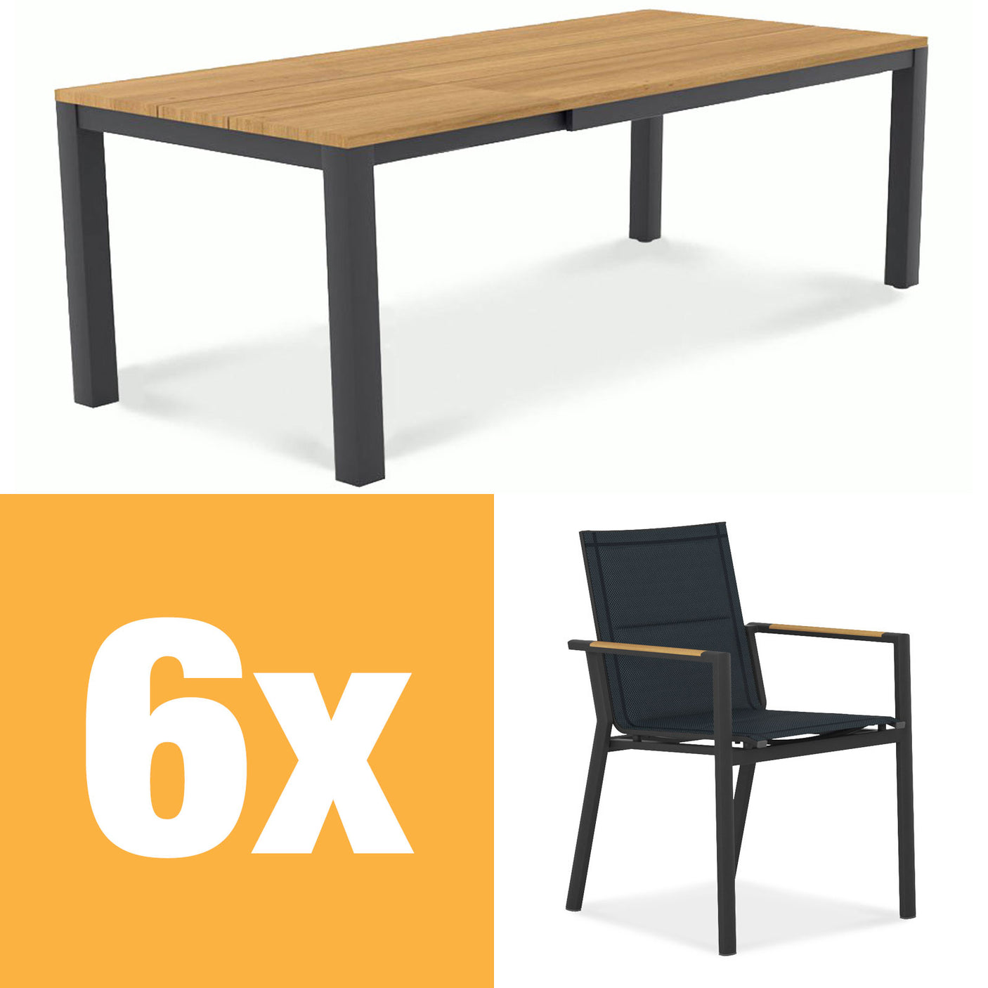 Planka aluminum front extending table set 250 consisting of Planka aluminum front extending table 250/180 x 90 Teak Grade A brushed with aluminum frame and Gazelig stacking chairs made of aluminum and Batyline