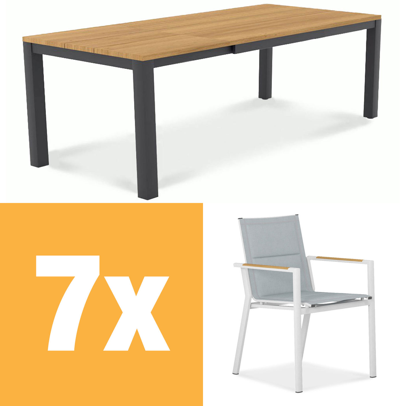Planka aluminum front extending table set 250 consisting of Planka aluminum front extending table 250/180 x 90 Teak Grade A brushed with aluminum frame and Gazelig stacking chairs made of aluminum and Batyline