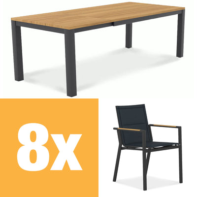 Planka Alu-Frontausziehtisch 230 Set bestehend aus Planka Alu-Frontausziehtisch 230/160 x 100 Teak Grade A gebürstet mit Aluminiumgestell und Gazelig Stapelstühlen aus Aluminium und Batyline