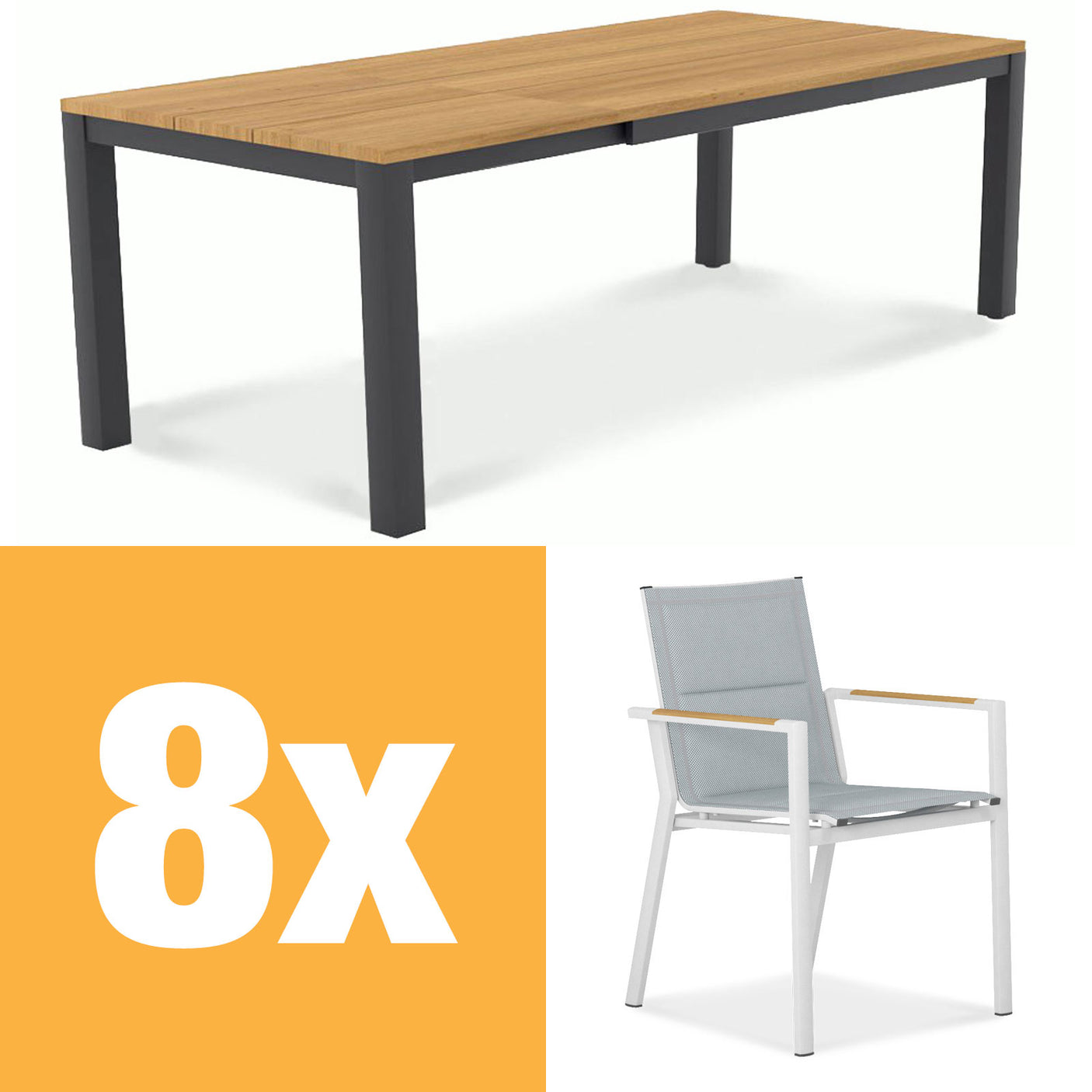 Planka aluminum front extending table set 250 consisting of Planka aluminum front extending table 250/180 x 90 Teak Grade A brushed with aluminum frame and Gazelig stacking chairs made of aluminum and Batyline