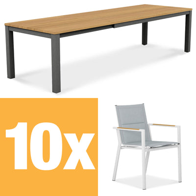 Planka Alu-Frontausziehtisch 310 Set bestehend aus Planka Alu-Frontausziehtisch 310/210 x 100 Teak Grade A gebürstet mit Aluminiumgestell und Gazelig Stapelstühlen aus Aluminium und Batyline