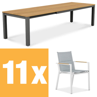 Planka Alu-Frontausziehtisch 310 Set bestehend aus Planka Alu-Frontausziehtisch 310/210 x 100 Teak Grade A gebürstet mit Aluminiumgestell und Gazelig Stapelstühlen aus Aluminium und Batyline